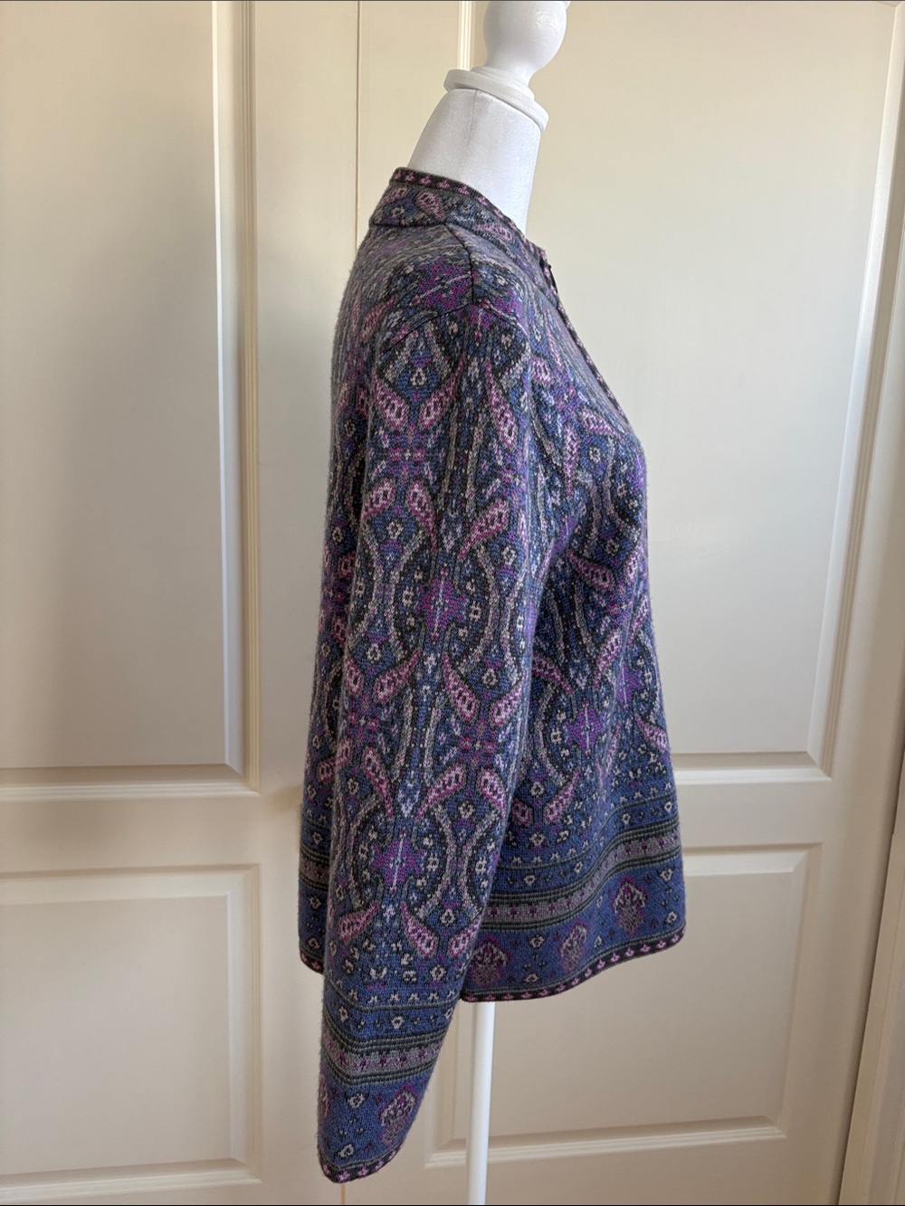 Pendleton Zippered Wool Cardigan Sweater Purple Paisley Size Large - Picture 3 of 9
